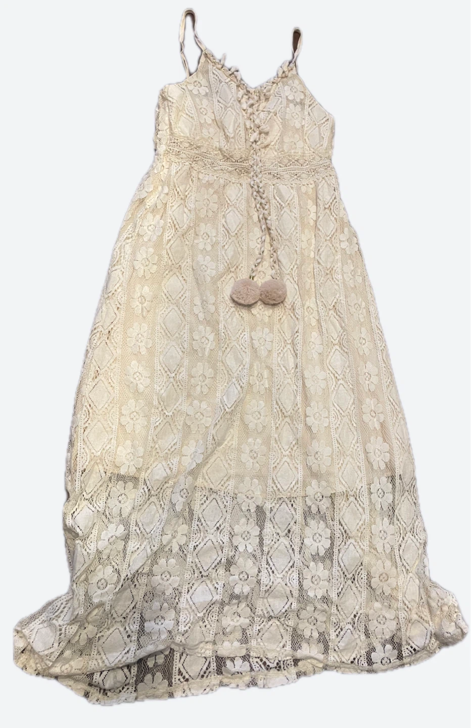 Cream Lace Maxi Dress with Pom Pom Tassel Detail