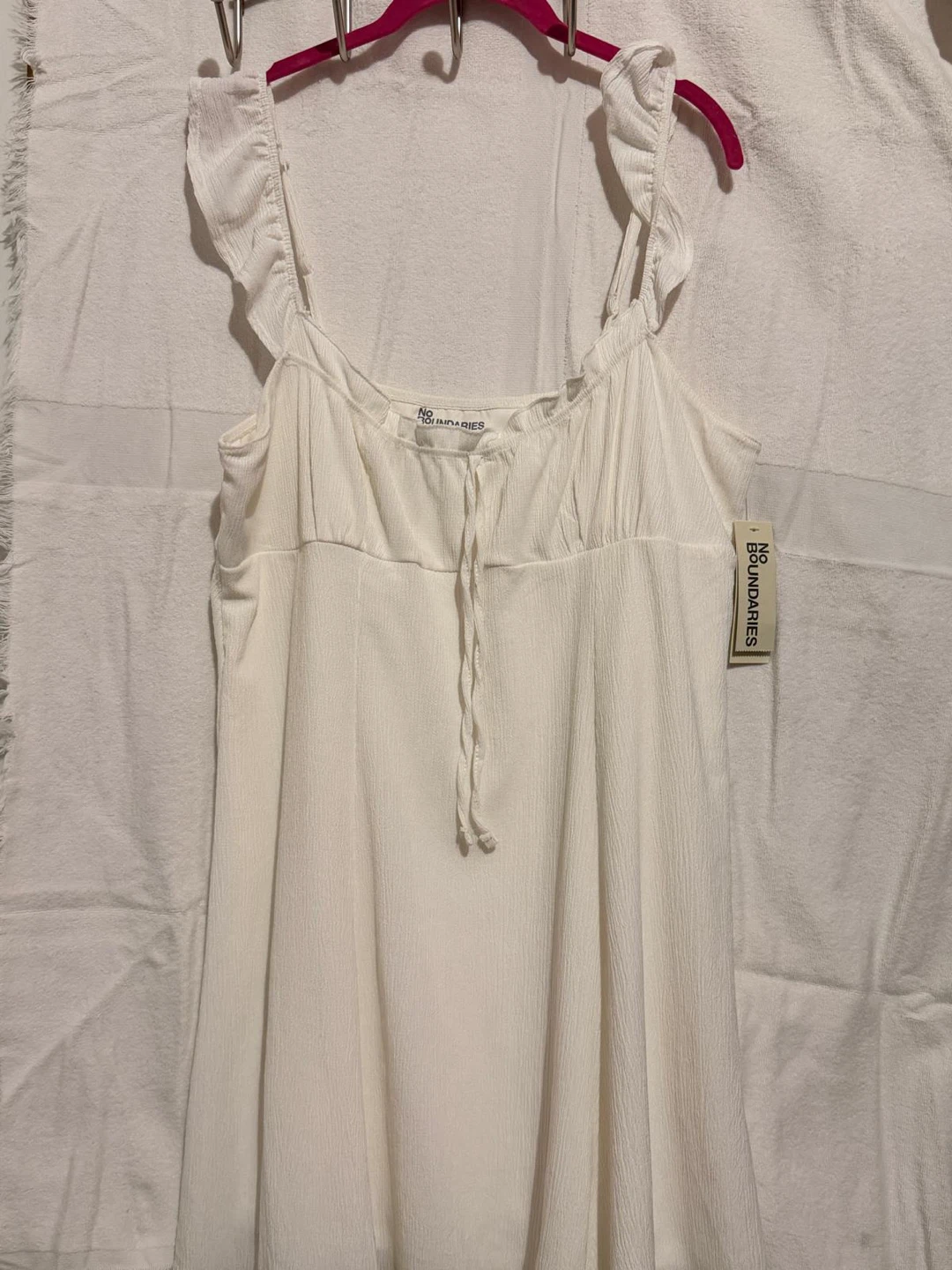 No Boundaries White Textured Ruffle Strap Dress