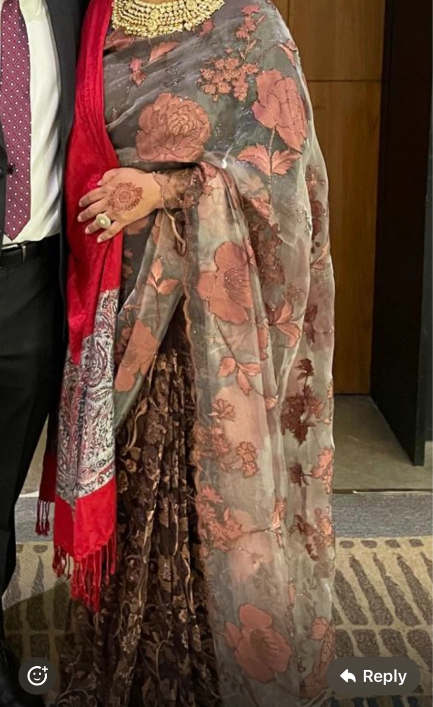 Grey floral print organza saree pre stitched