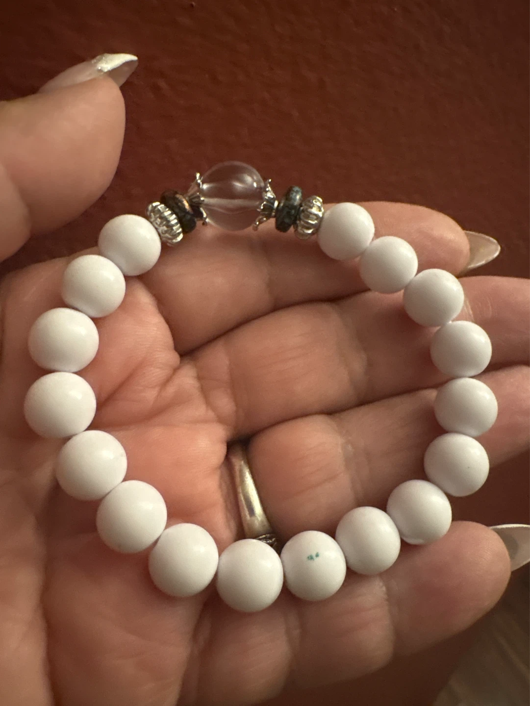 New White Beaded Stretch Bracelet with Clear Center Stone - photo 5