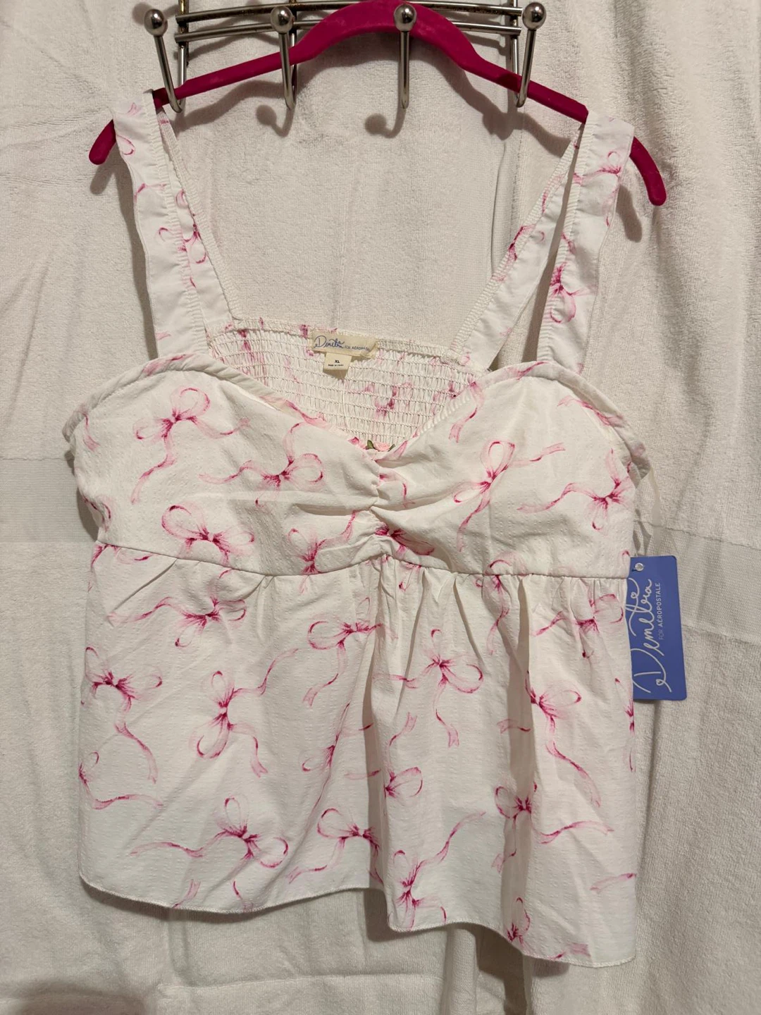 White Smocked Cami Top with Pink Bows
