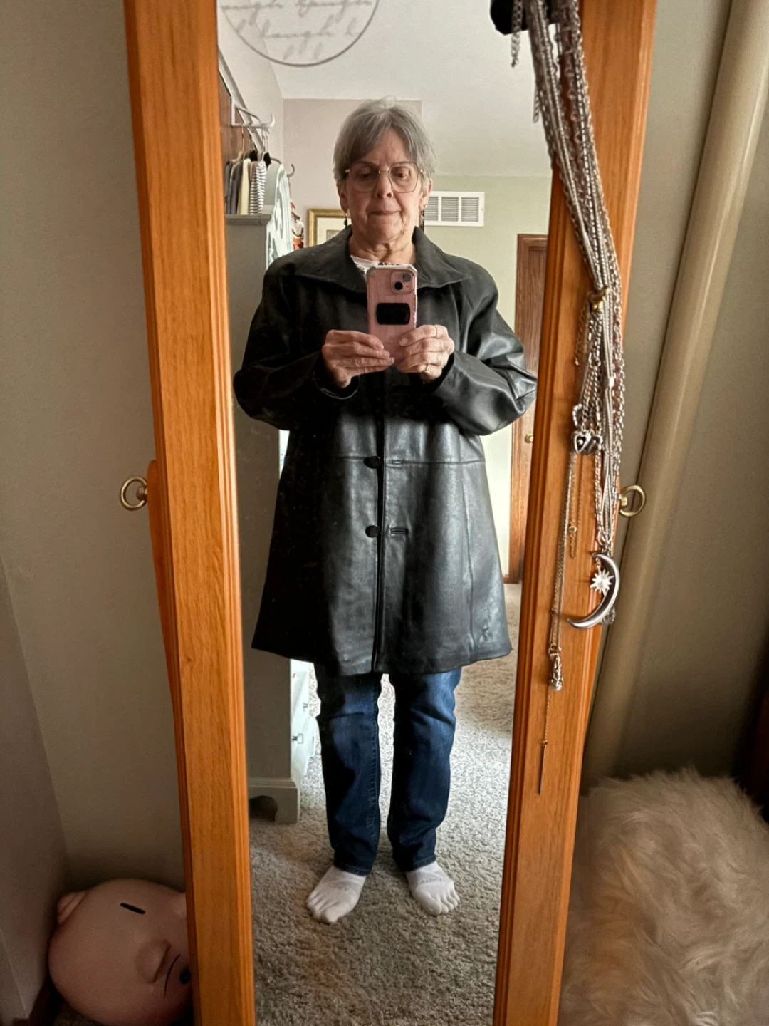 3/4 length black leather women’s coat