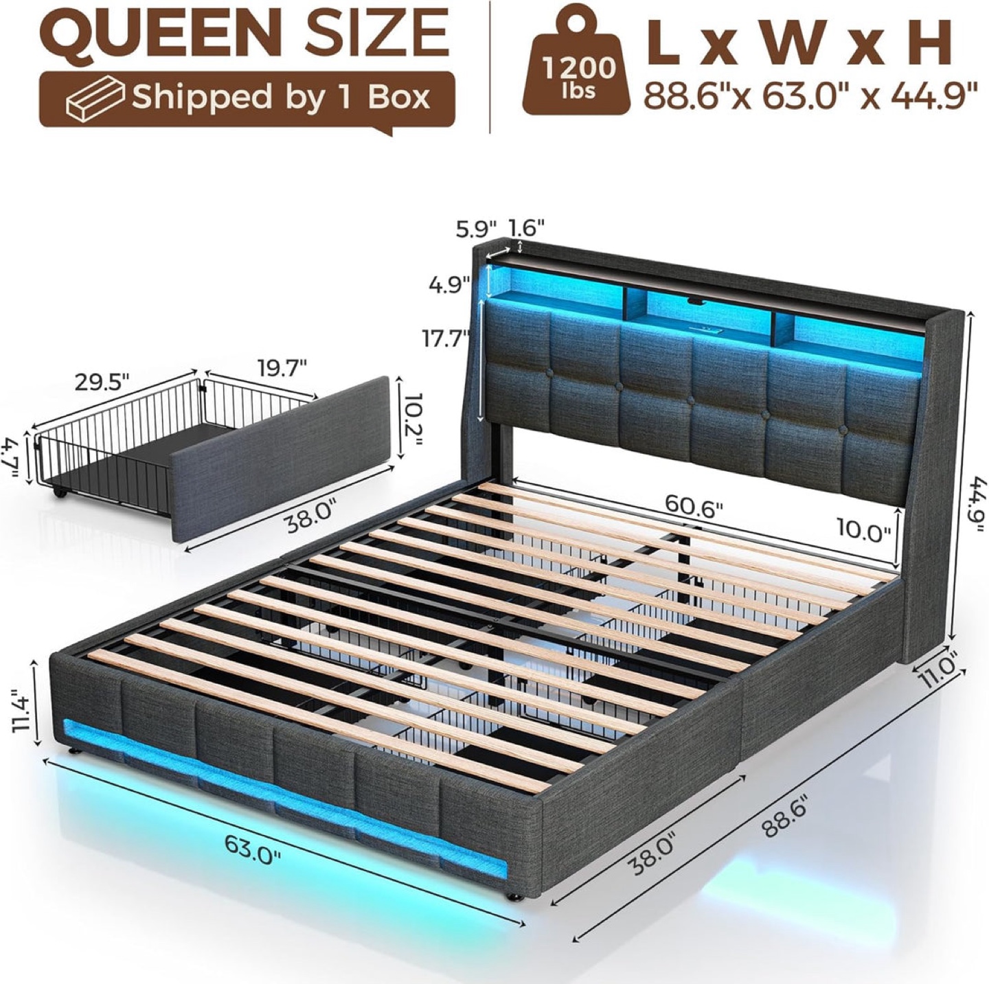 Queen Size Upholstered Bed Frame with LED Lights - photo 2