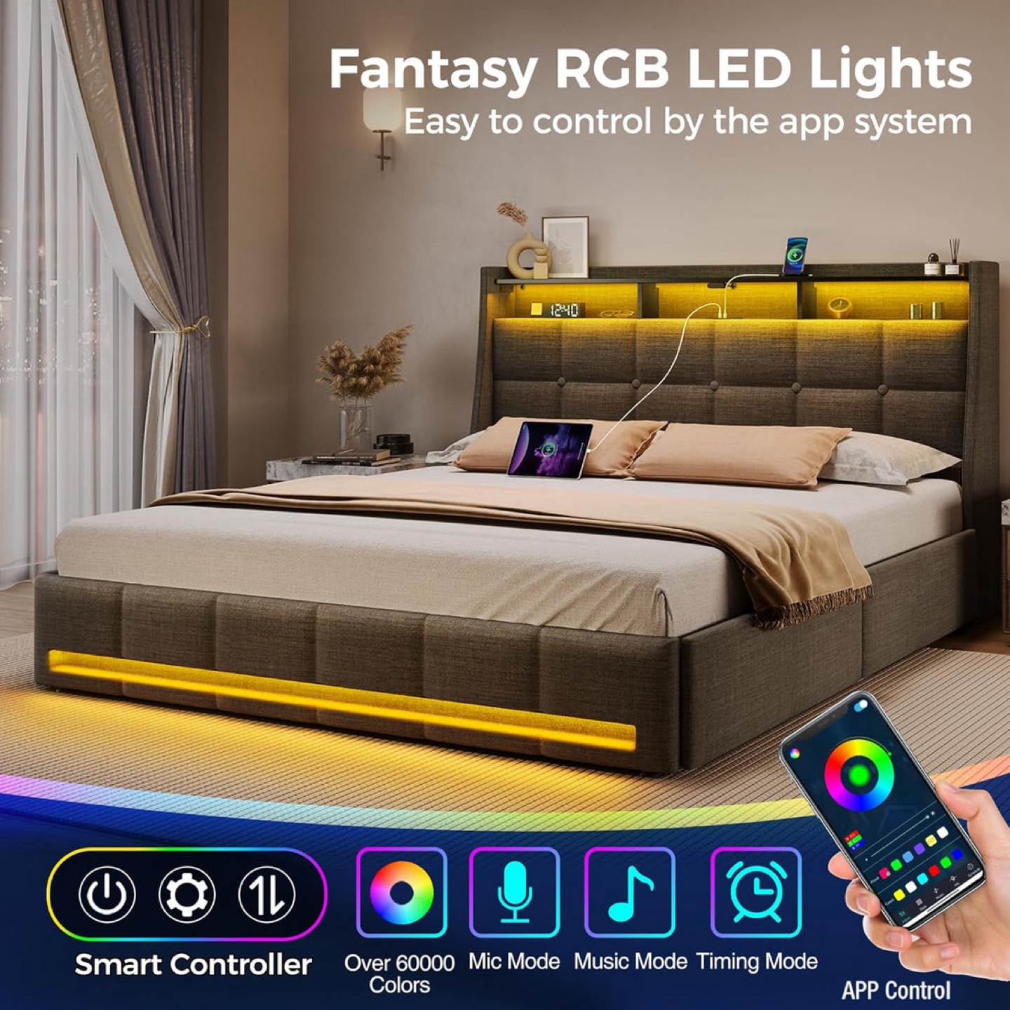 Queen Size Upholstered Bed Frame with LED Lights - photo 3