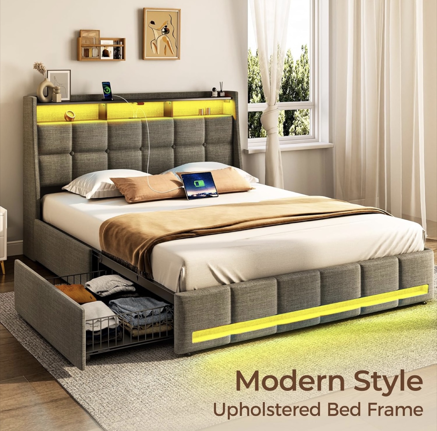 Queen Size Upholstered Bed Frame with LED Lights