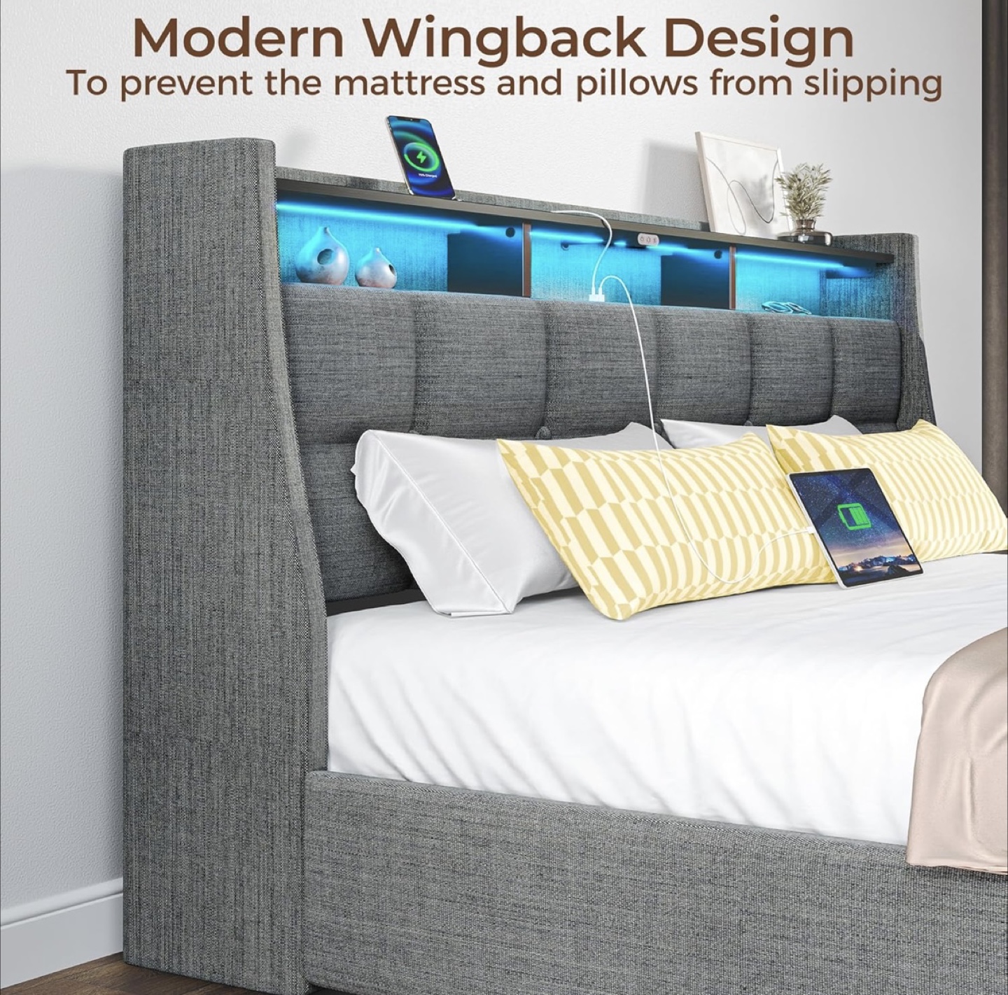 Queen Size Upholstered Bed Frame with LED Lights - photo 5