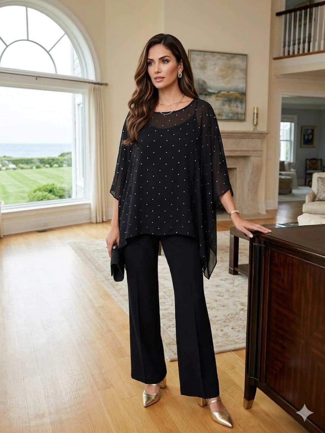 Michael Kors 3x more Black Embellished Sheer Poncho Top