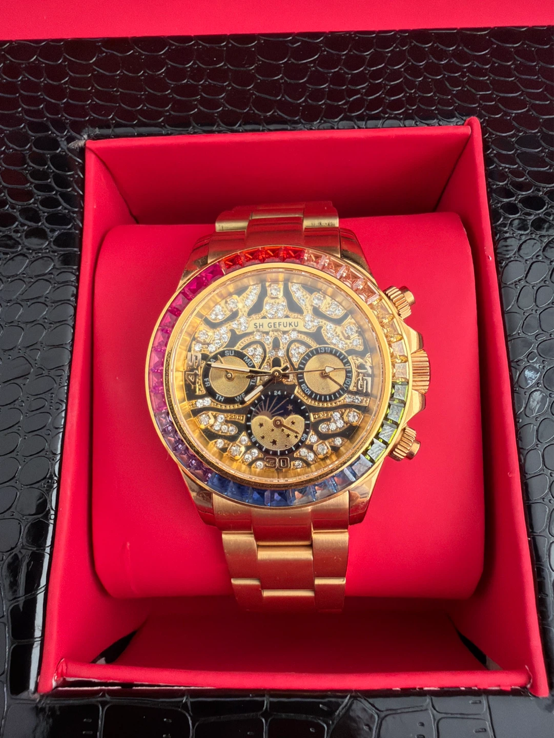 SH GEFUKU Rainbow Gem Chronograph Watch - Gold Tone