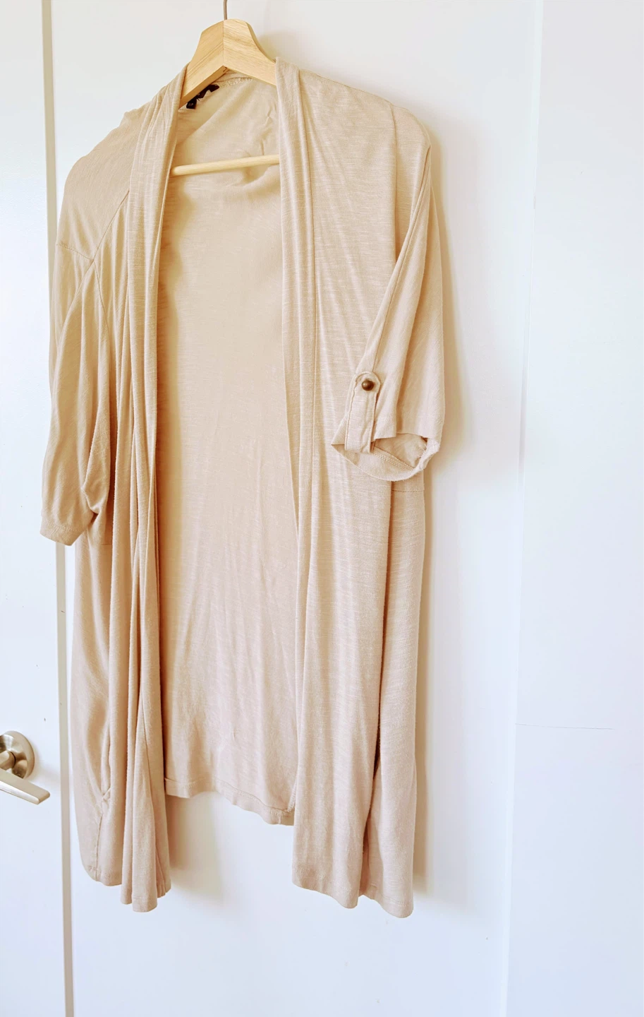 Beige Open Front Cardigan Roll Tab Sleeves - photo 4