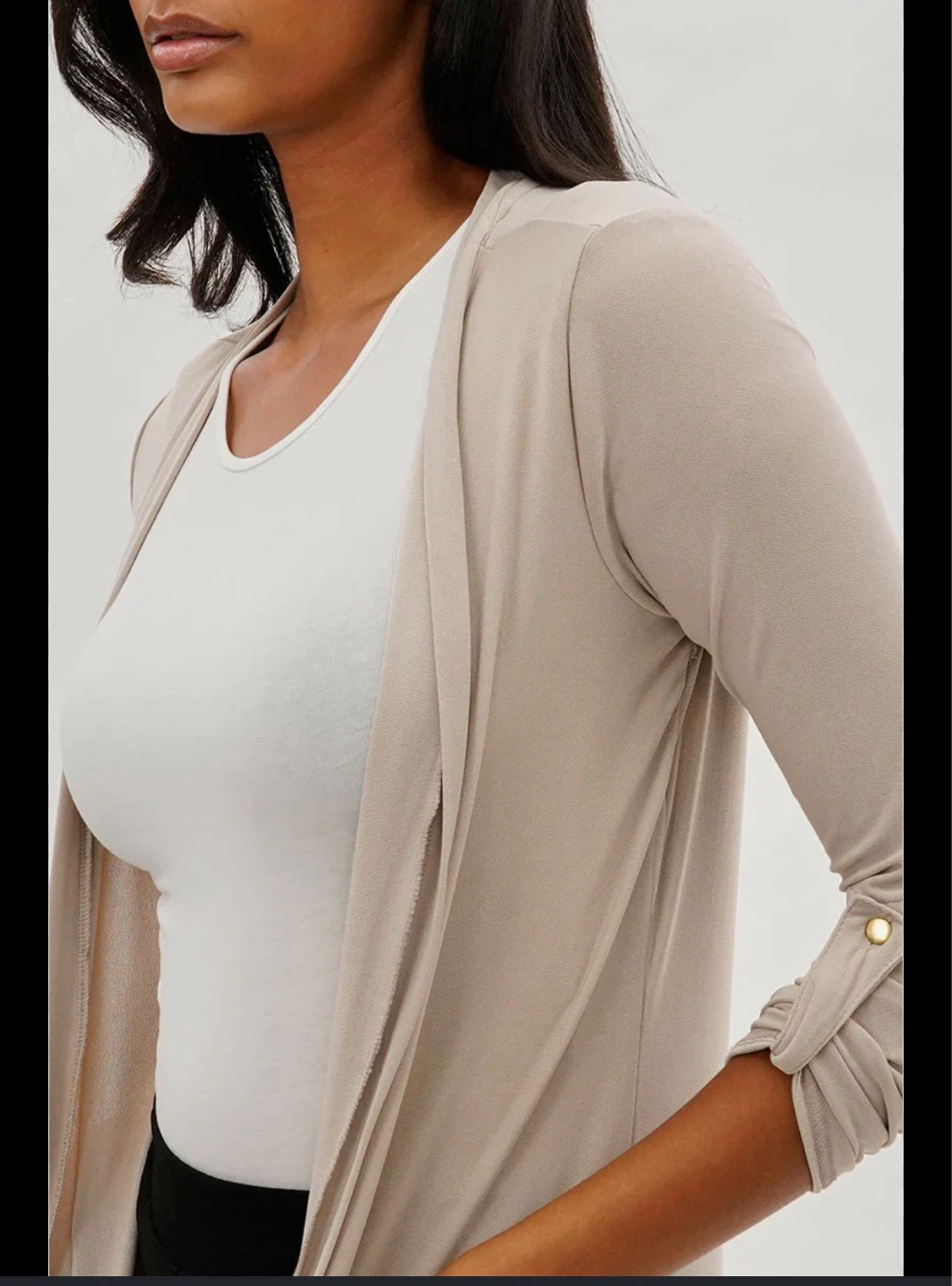 Beige Open Front Cardigan Roll Tab Sleeves