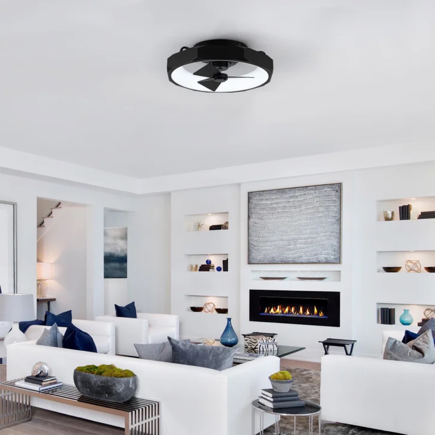 Black Modern Flush Mount Ceiling Fan with Light - photo 2