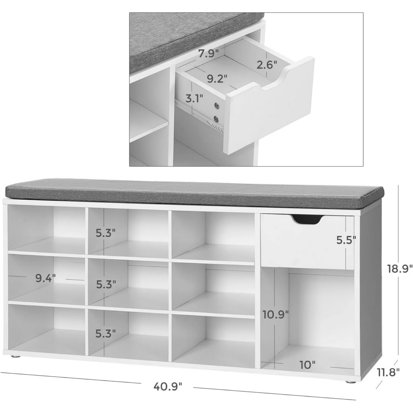 White Shoe Rack Bench with Grey Cushion and Drawer - photo 3