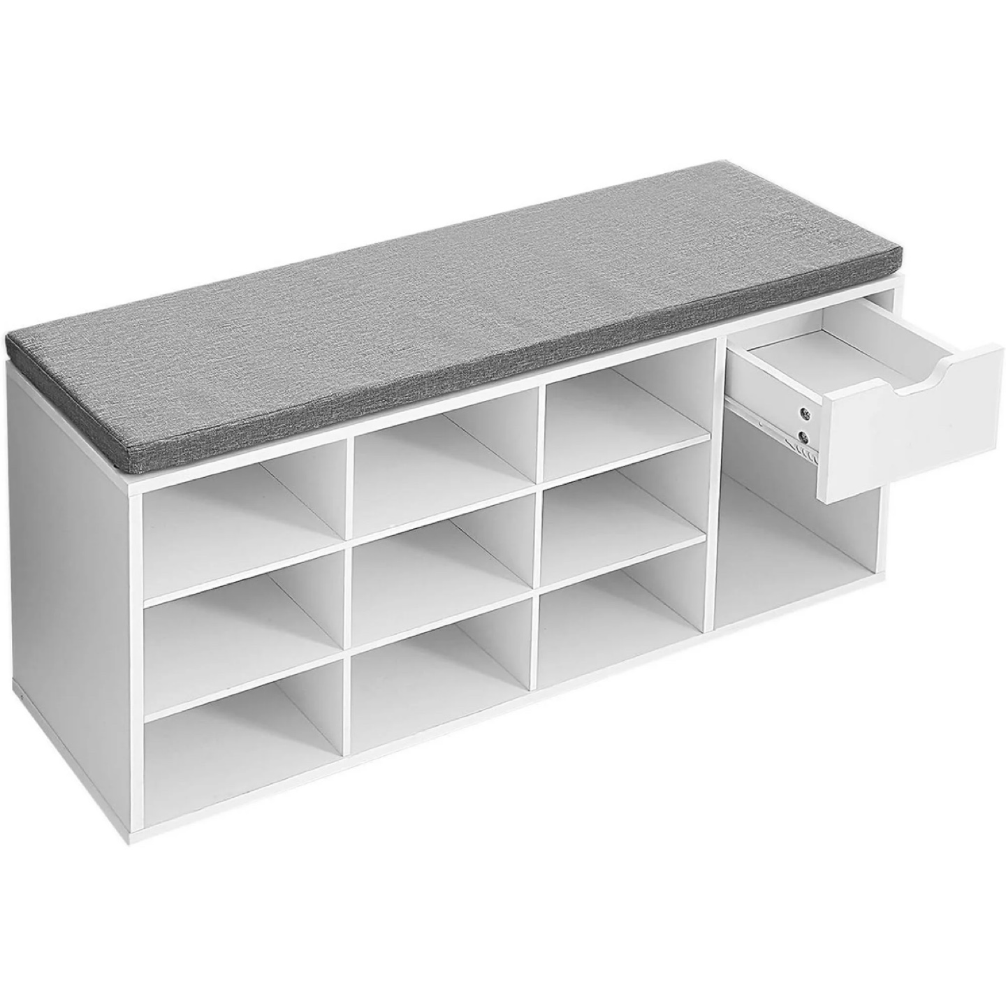 White Shoe Rack Bench with Grey Cushion and Drawer - photo 5