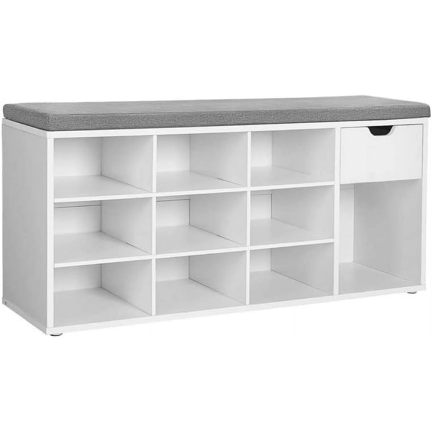 White Shoe Rack Bench with Grey Cushion and Drawer