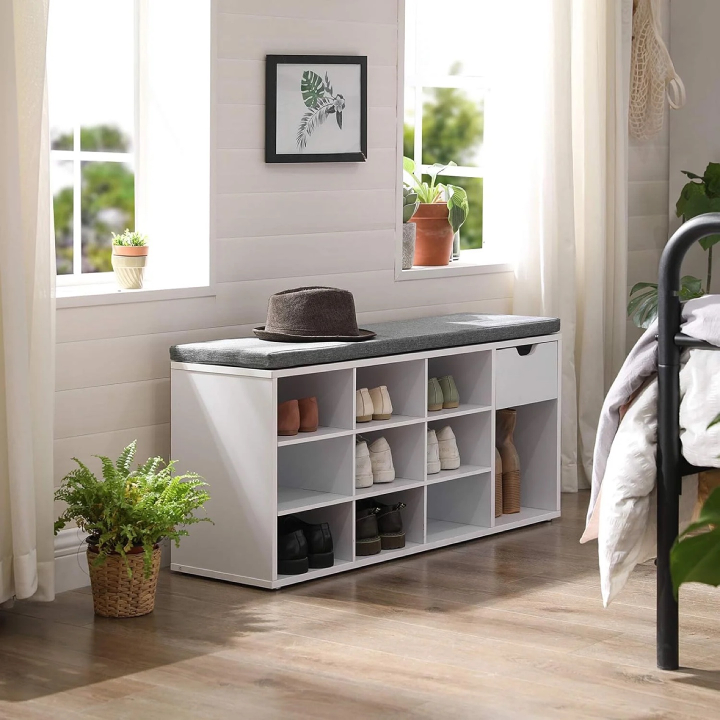 White Shoe Rack Bench with Grey Cushion and Drawer - photo 4