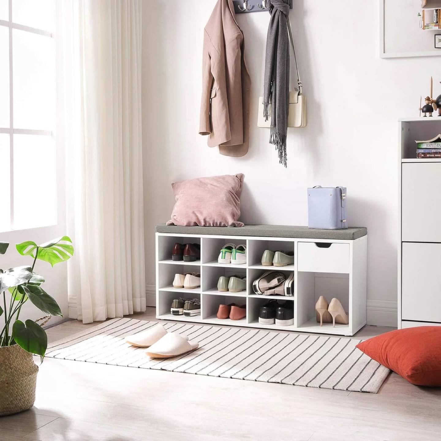 White Shoe Rack Bench with Grey Cushion and Drawer - photo 2