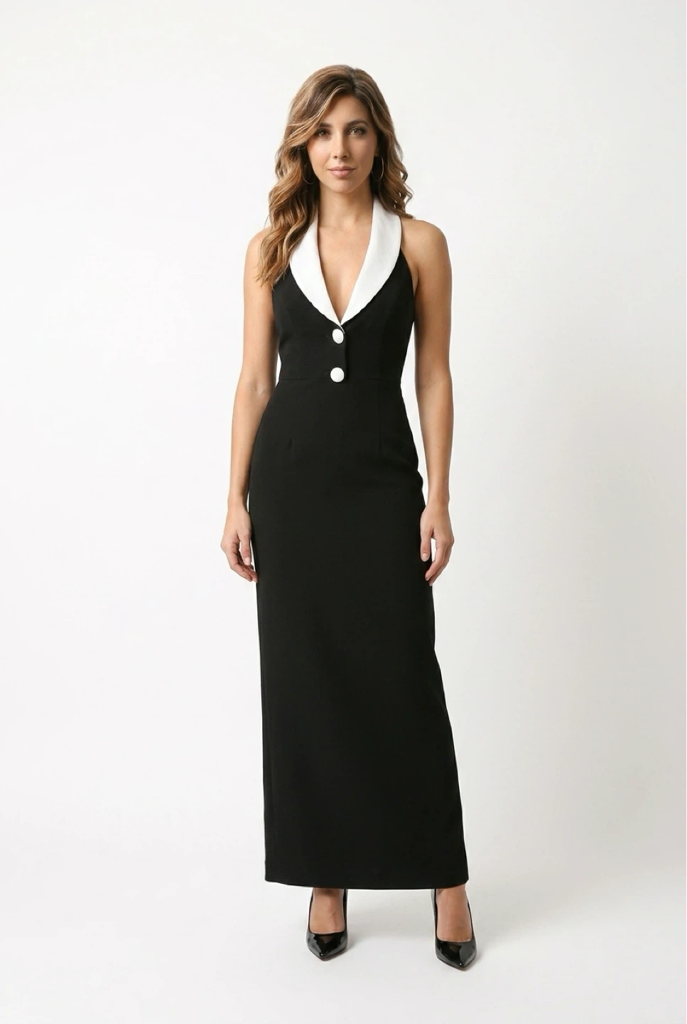 Black Maxi Dress with White Collar and Black Cor