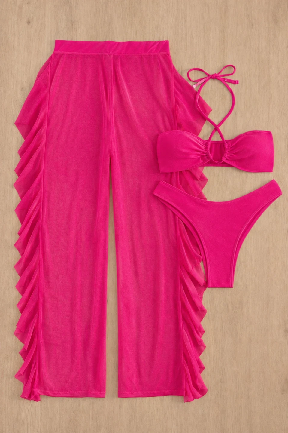 3-Piece Bikini and Ruffle Cover-Up Pants Set - photo 3