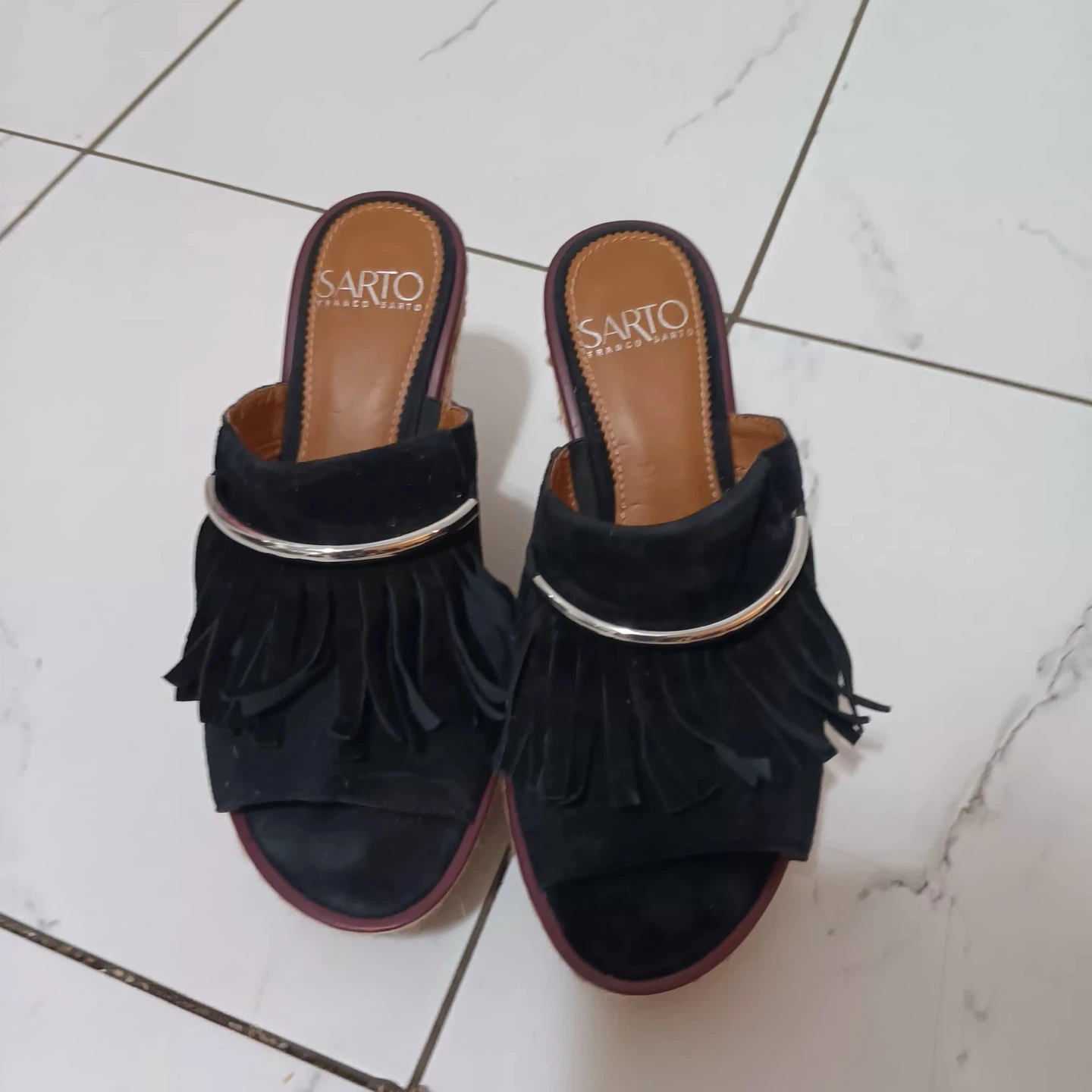 Sarto Franco Sarto Black Suede Wedge Mules with Fringe - photo 2