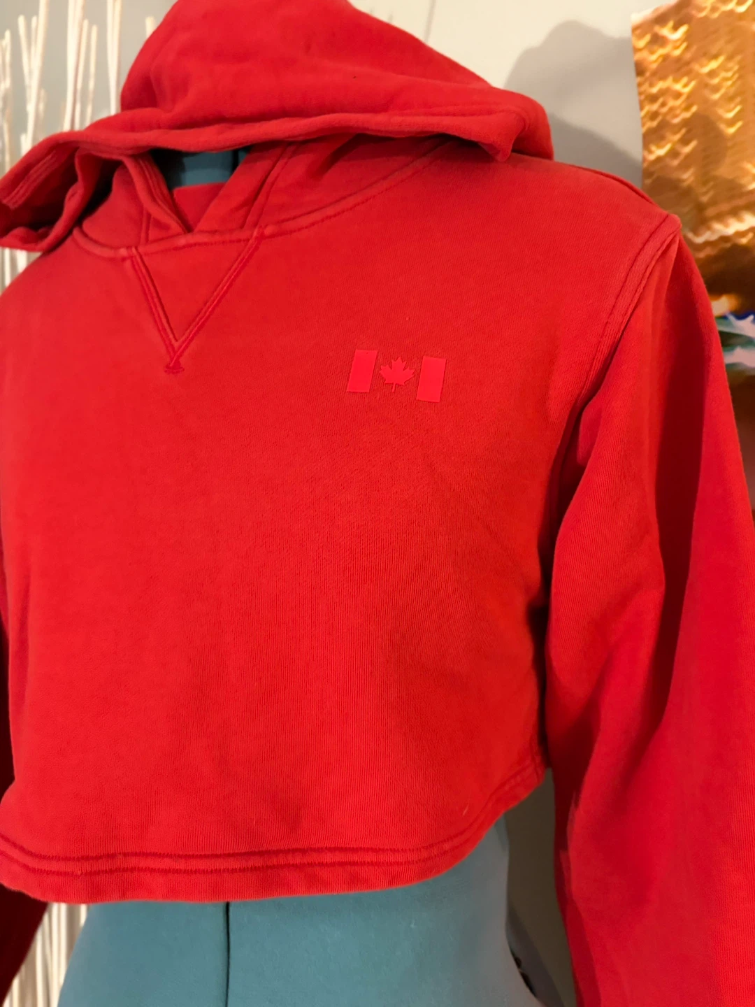 Red Cropped Hoodie with "CAN" and Canadian Flag Detail