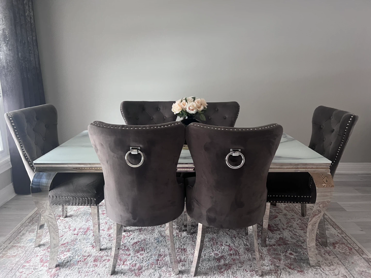 Dinning table with suede chrome chairs