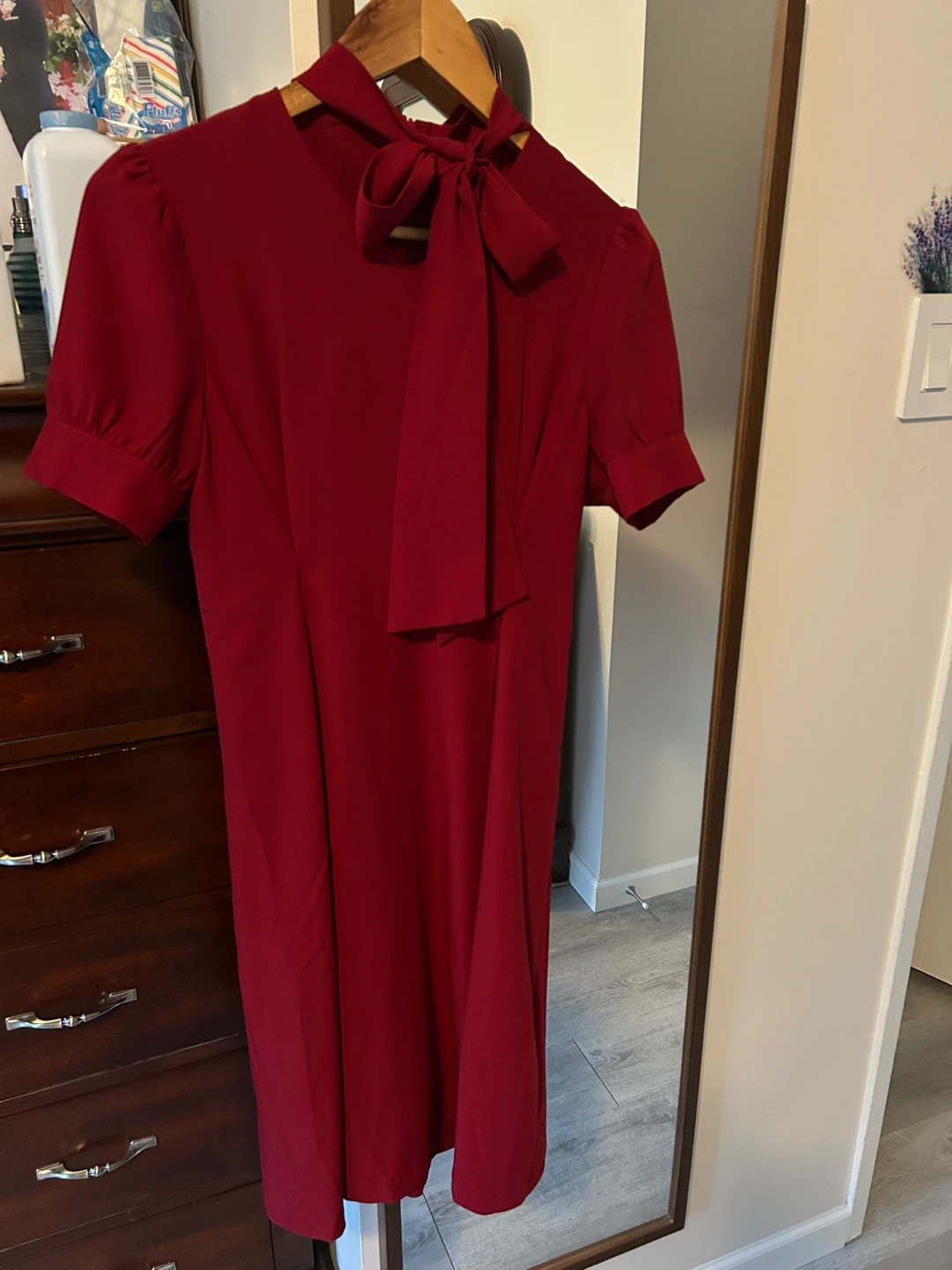 Red Midi Dress with Bow Tie Neck