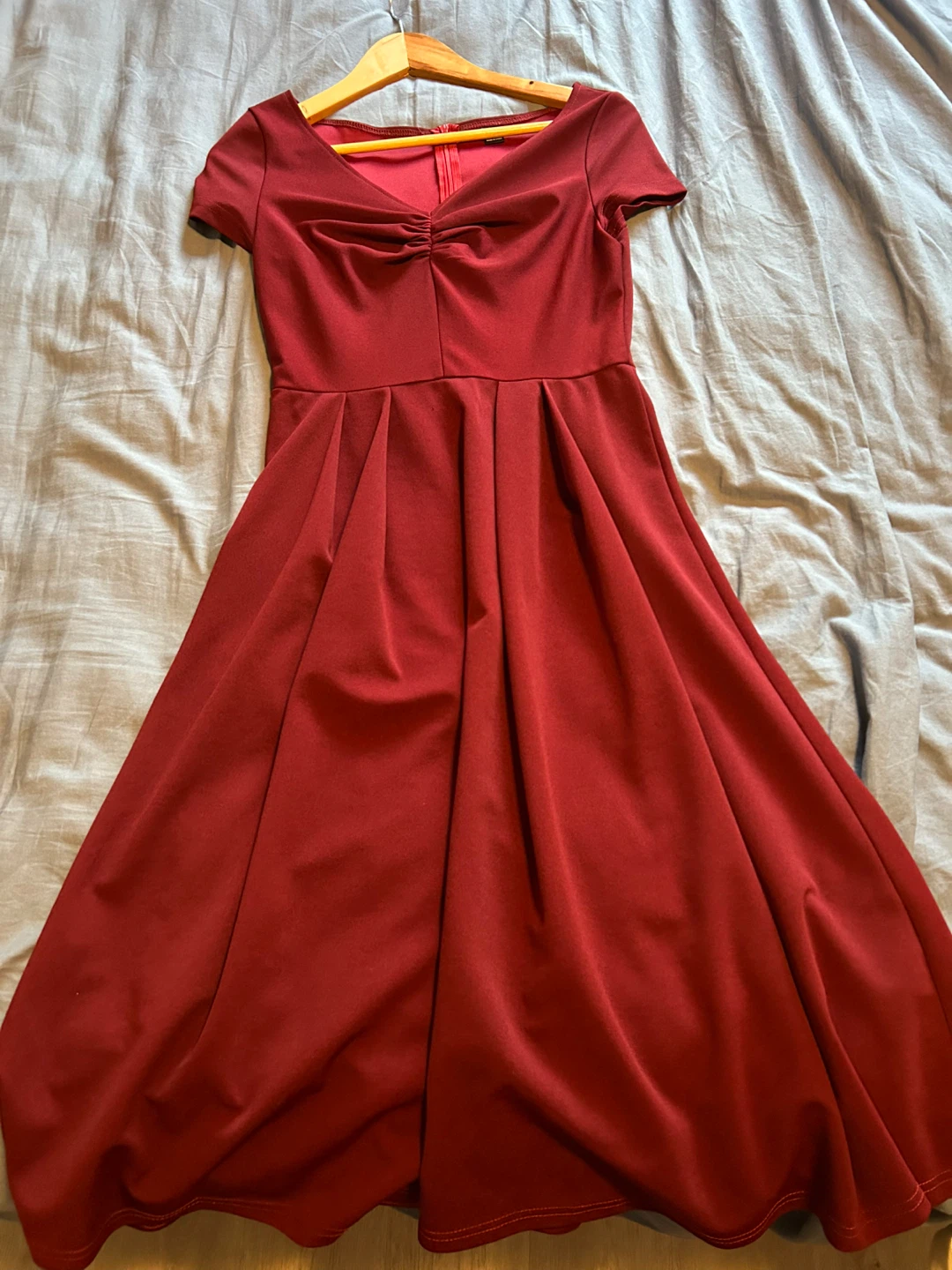 Burgundy V-Neck Fit and Flare Dress - photo 4