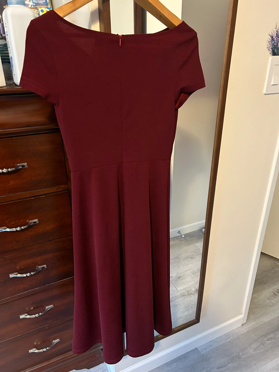 Burgundy V-Neck Fit and Flare Dress - photo 2