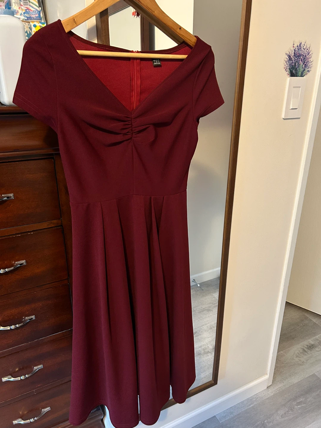 Burgundy V-Neck Fit and Flare Dress