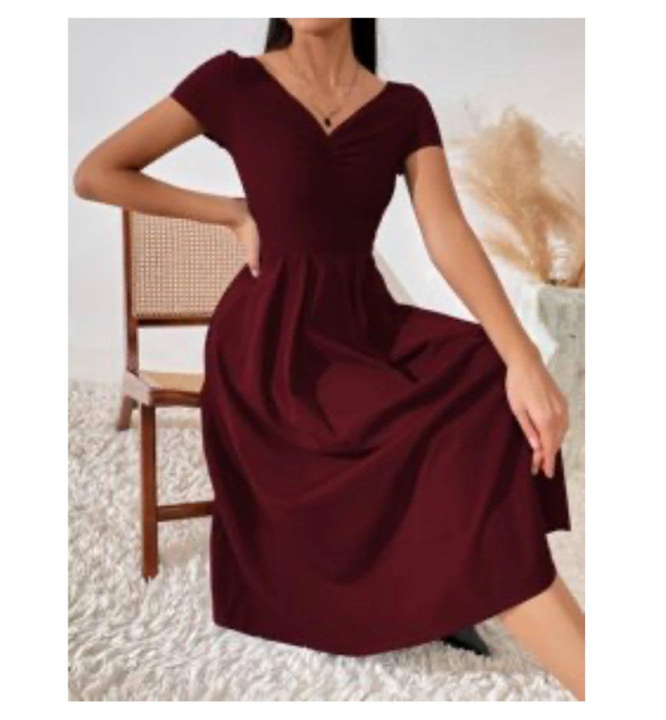 Burgundy V-Neck Fit and Flare Dress - photo 5