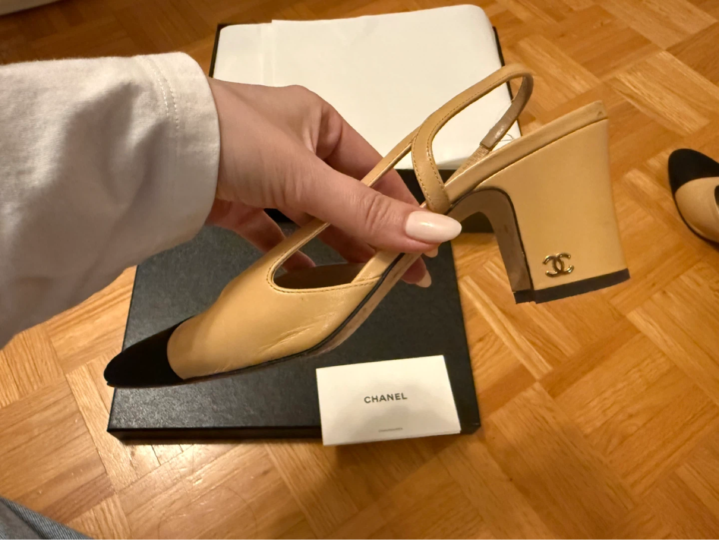 Chanel Slingback Heels Beige/Black Size 38.5