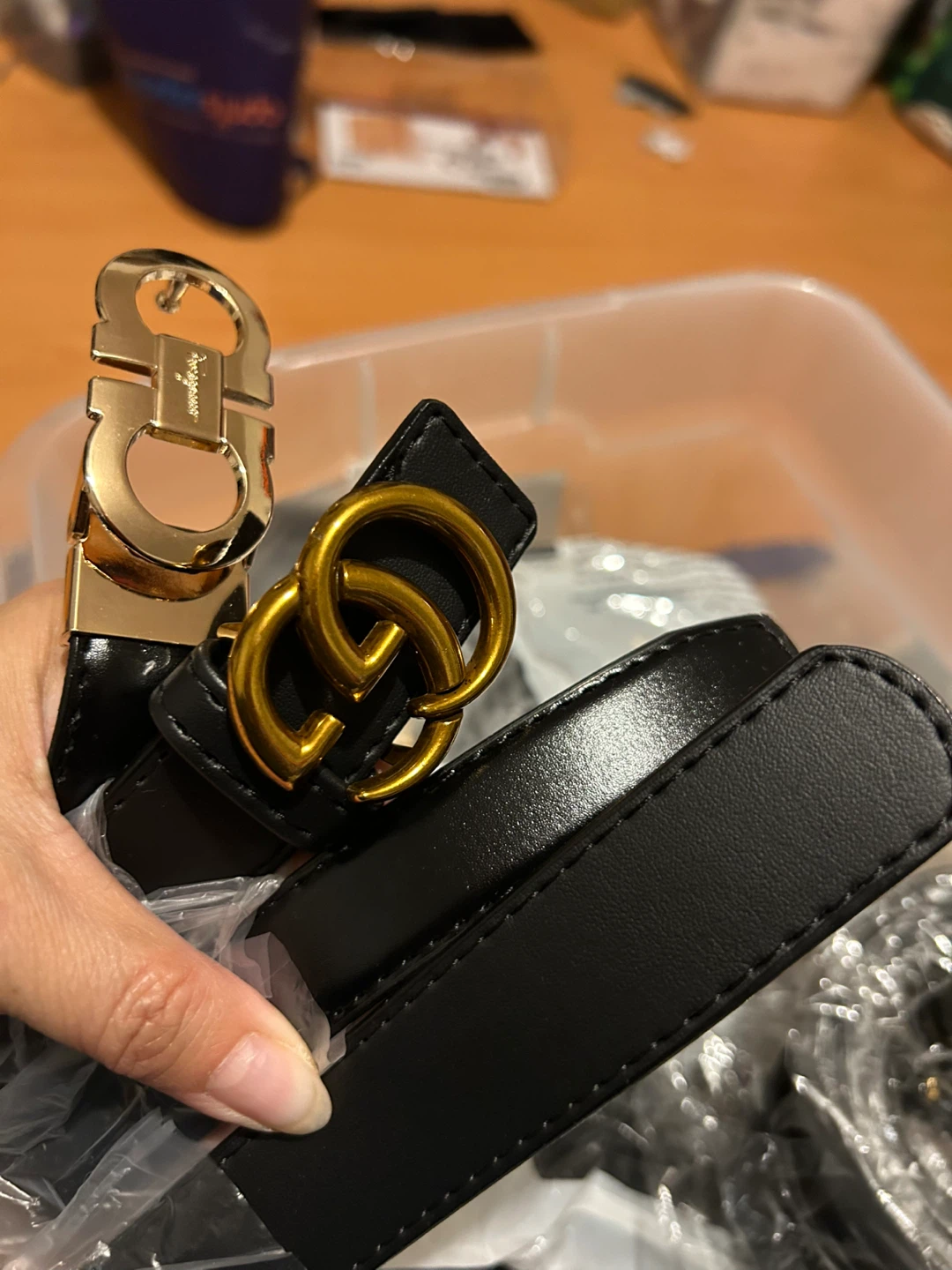 Black Leather Belt with Gold Buckle