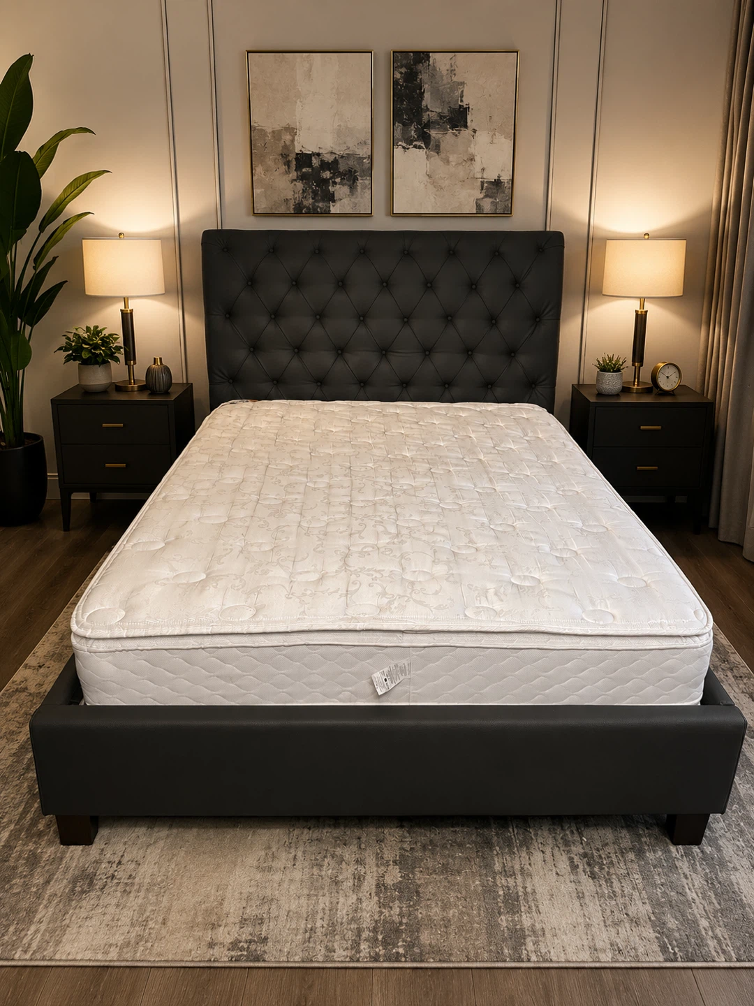 Dark brown Tufted Queen Bed Frame with Mattress- Complete Set