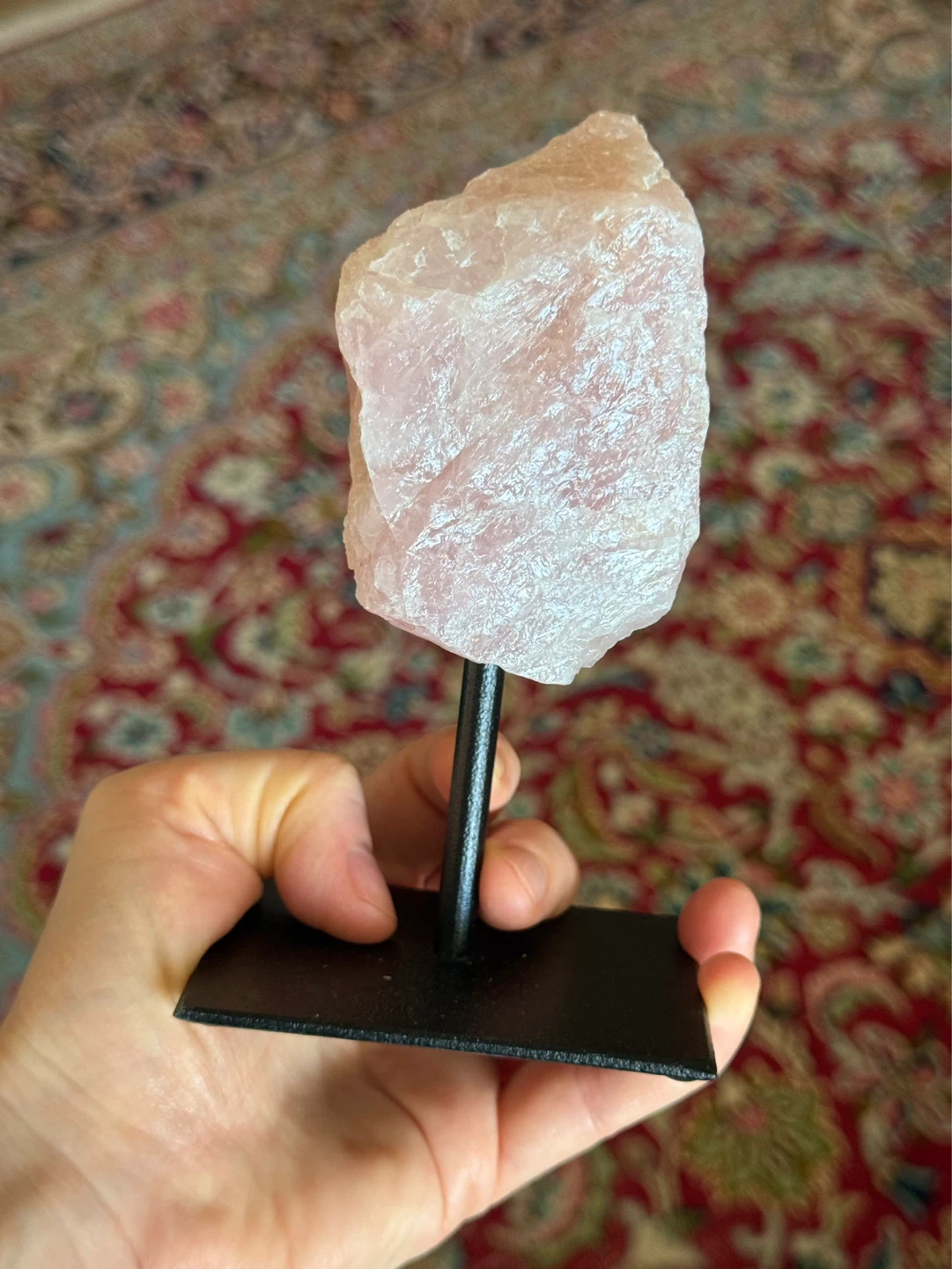 Raw Brazilian Rose Quartz On Metal Stand