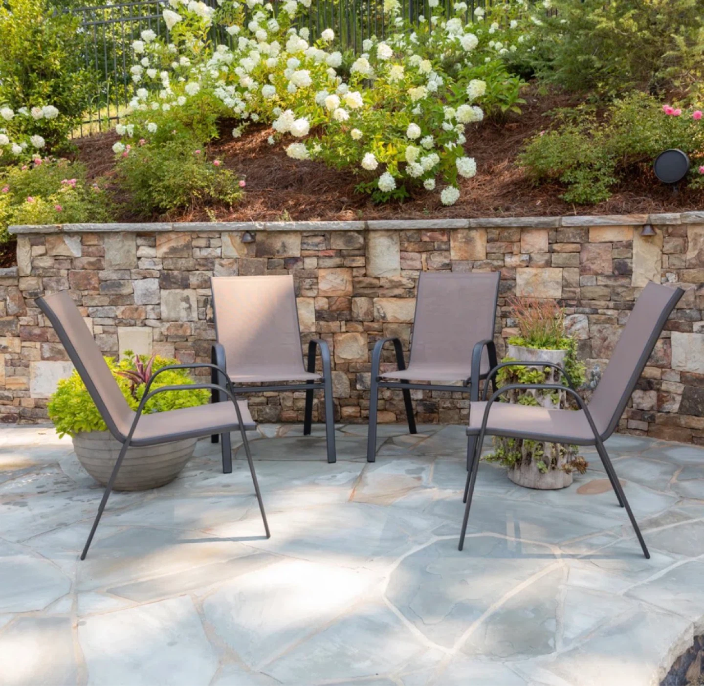 4 used patio chairs (brown-beige) stackable