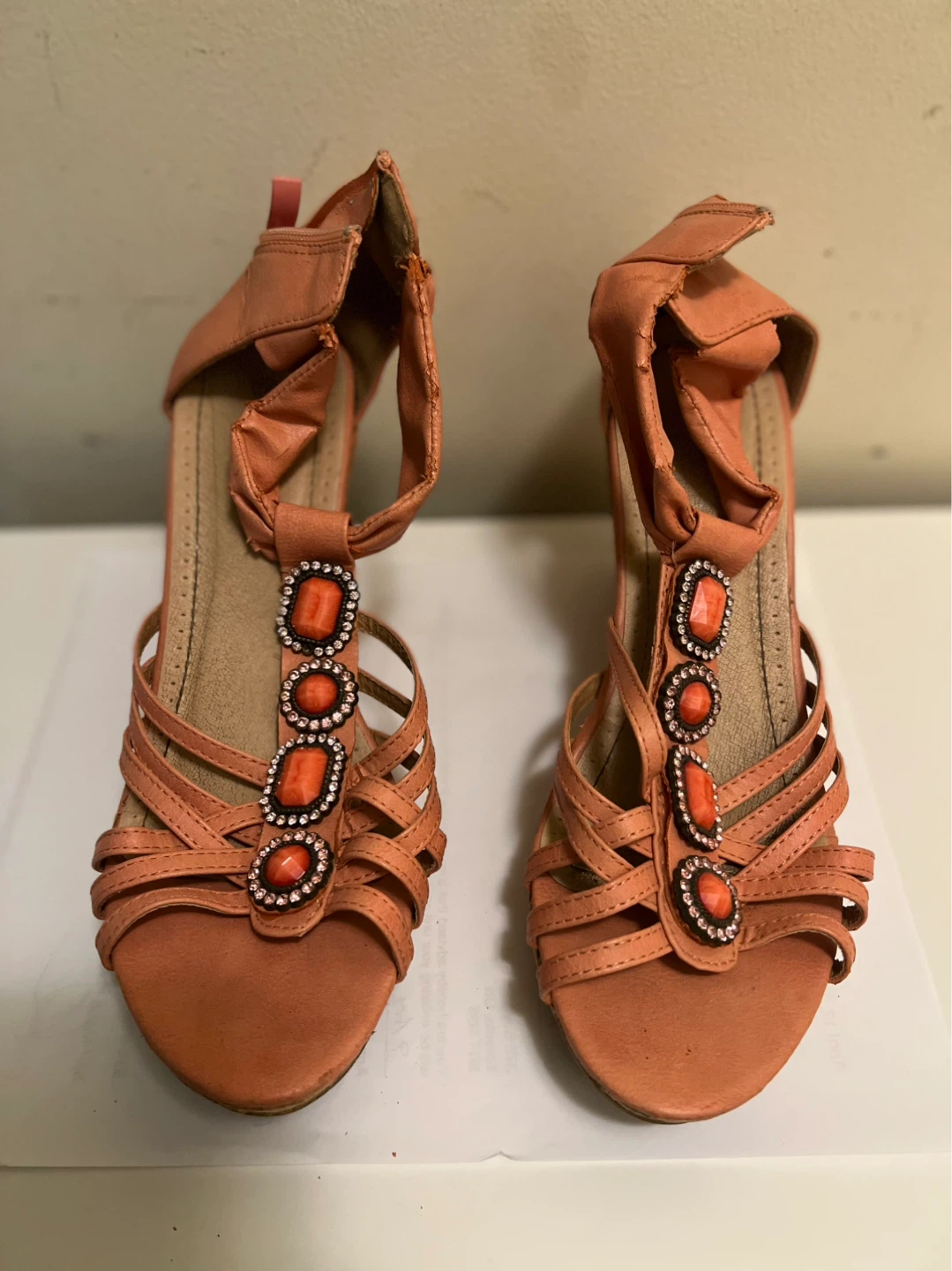 Coral Wedge Sandals with Rhinestones-size 7.5