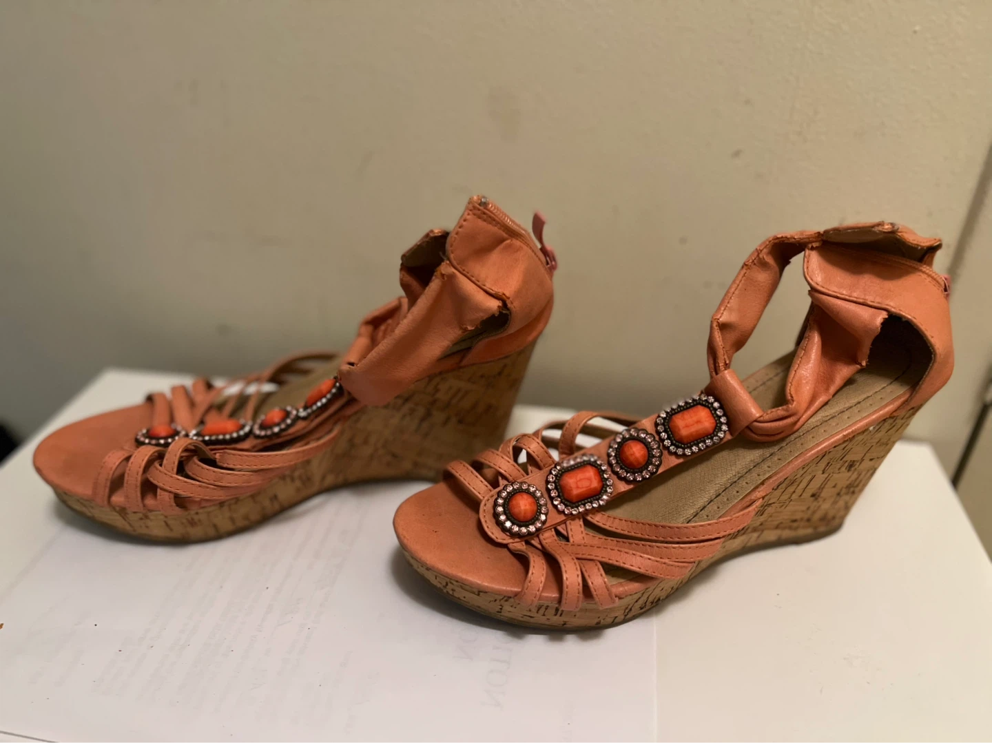 Coral Wedge Sandals with Rhinestones-size 7.5 - photo 2