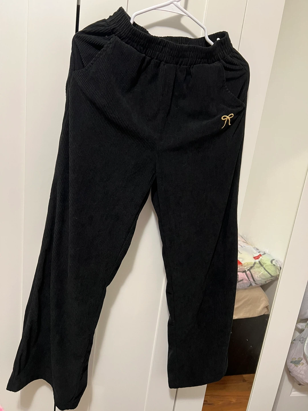 Black Corduroy Pants with Bow Detail