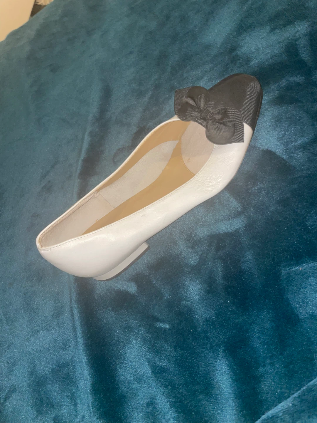 White Ballet Flats with Black Bow Detail