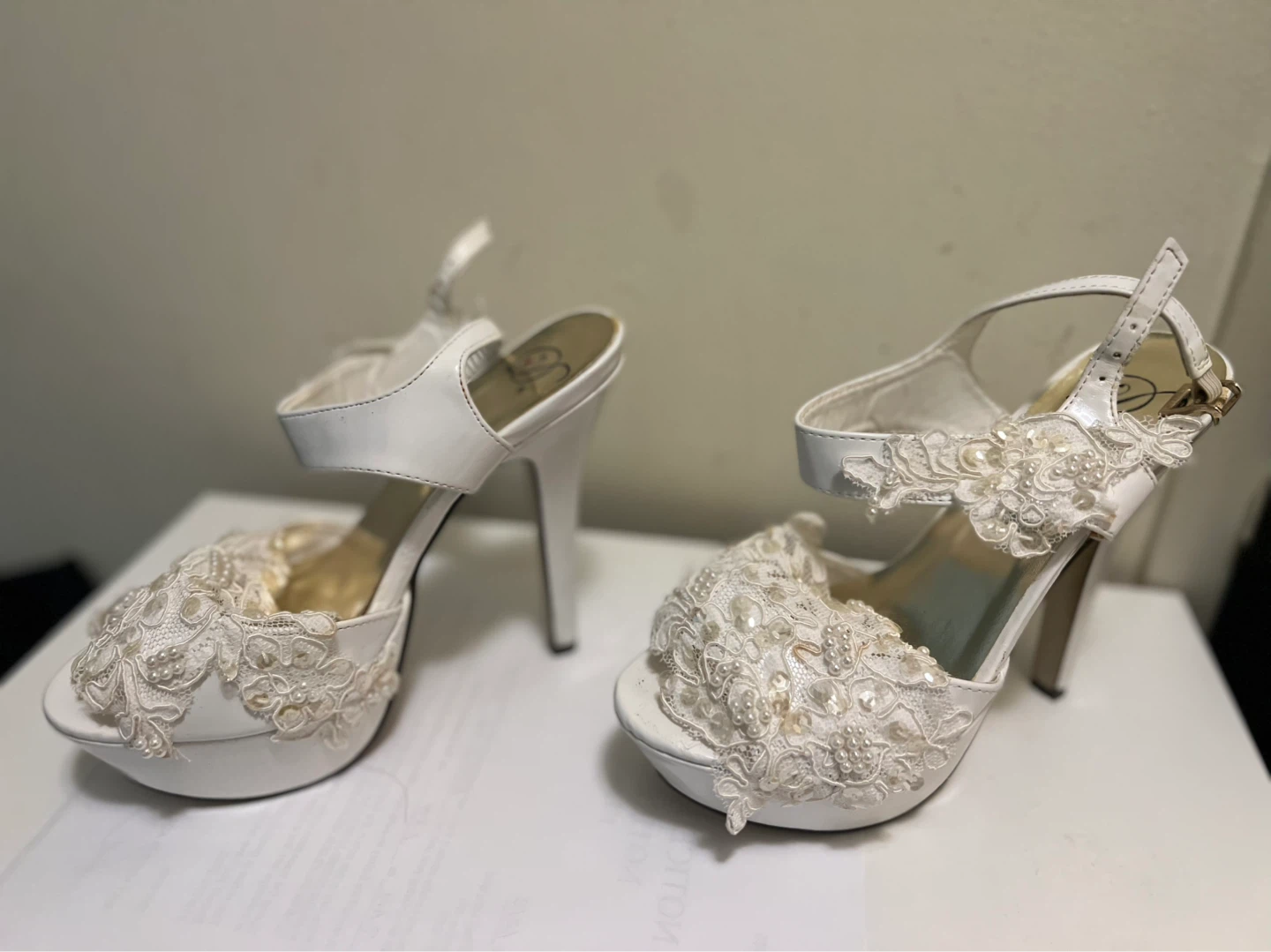 White Lace Beaded Platform Heels - photo 2