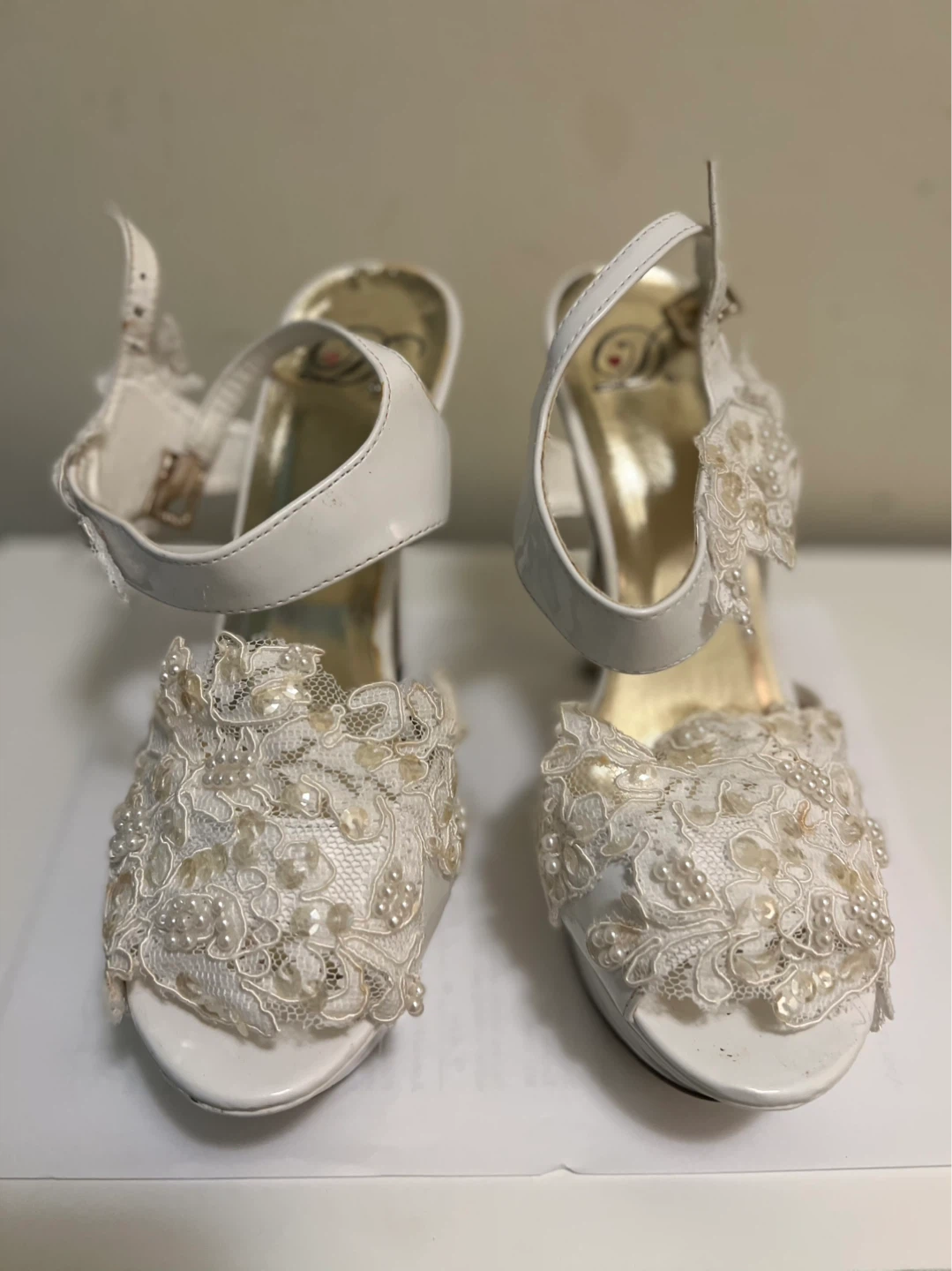 White Lace Beaded Platform Heels