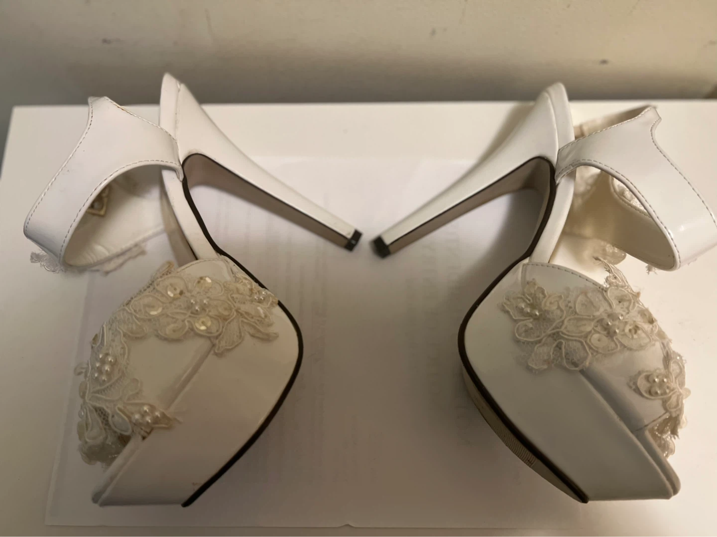 White Lace Beaded Platform Heels - photo 3
