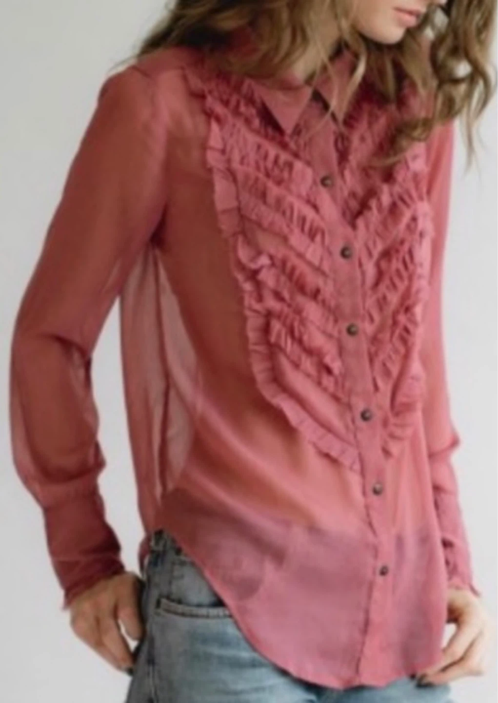 Free People sheer Rose Ruffle Button-Up Shirt