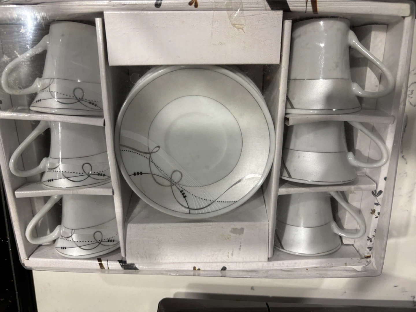 Set of 6 White Cups and Saucers with Silver Design
