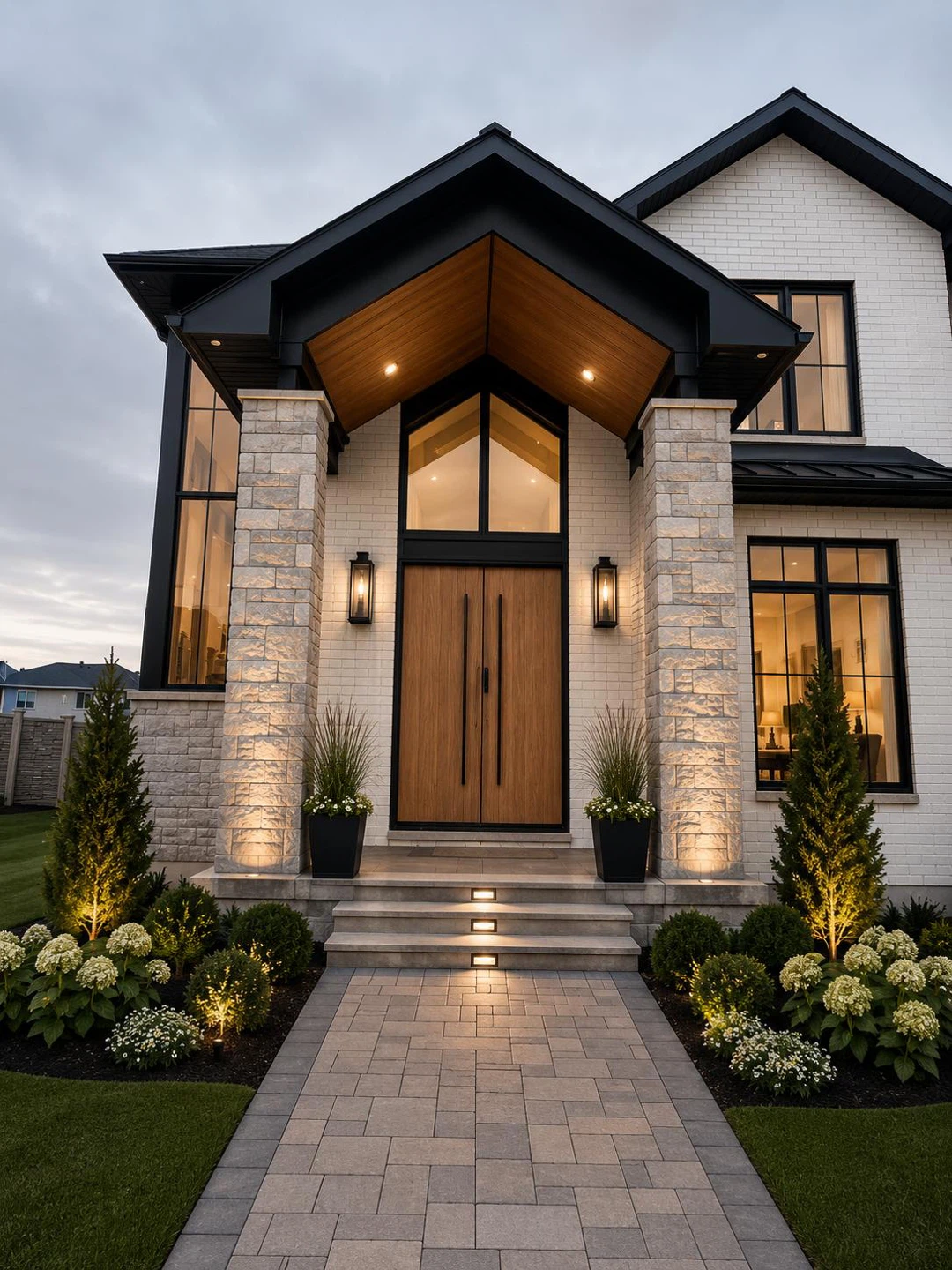 Modern Double Entry Doors with Stone Pillars