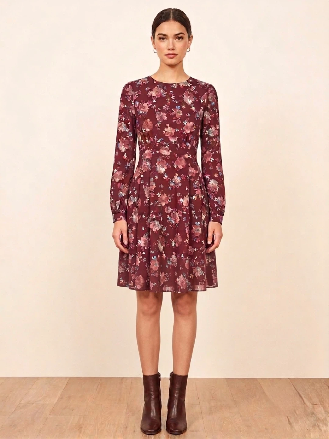 Girl.Is Floral Long Sleeve A-Line Dress Burgundy Pink Small