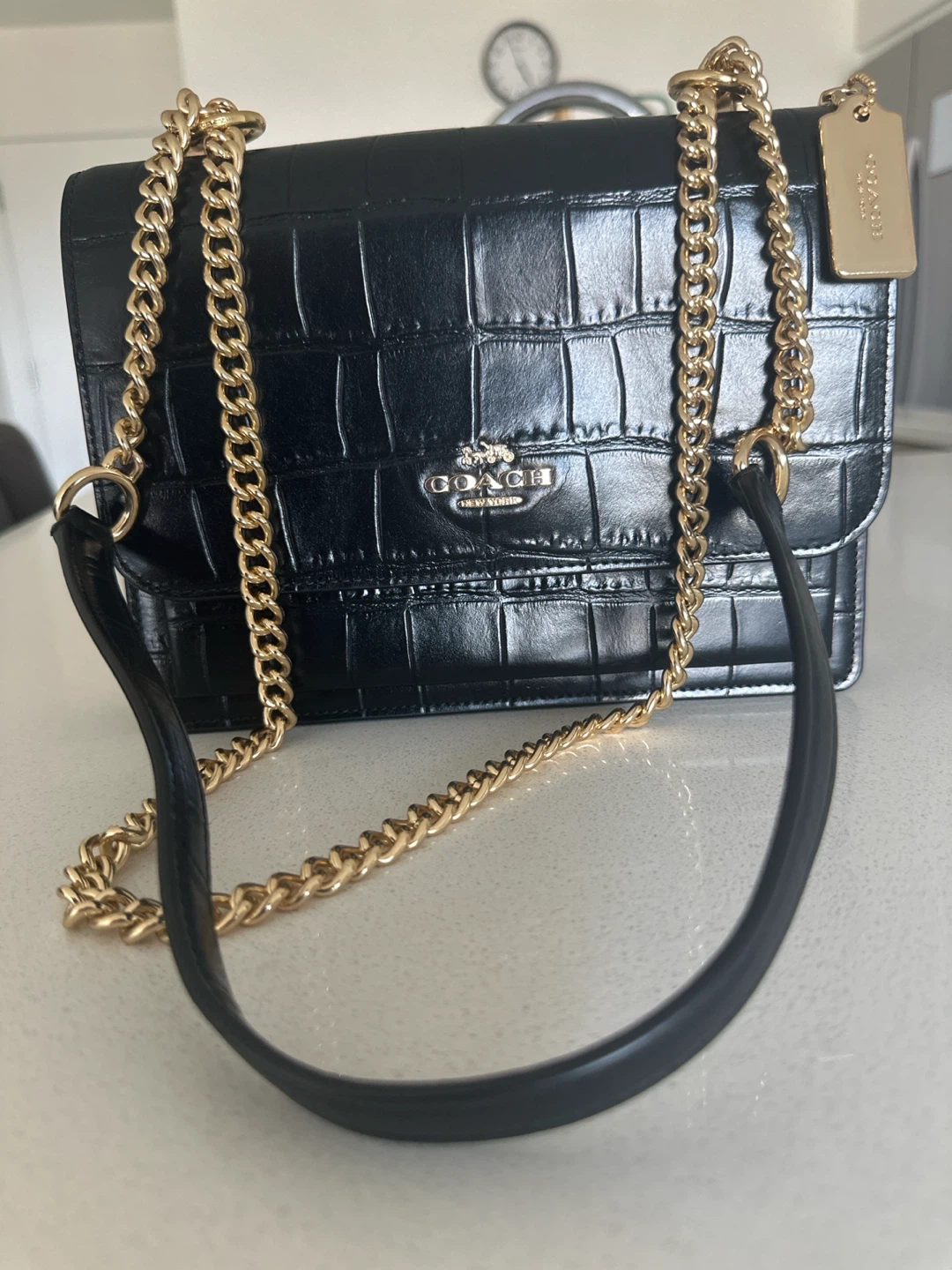 Coach Black Croc Embossed Leather Chain Shoulder Bag
