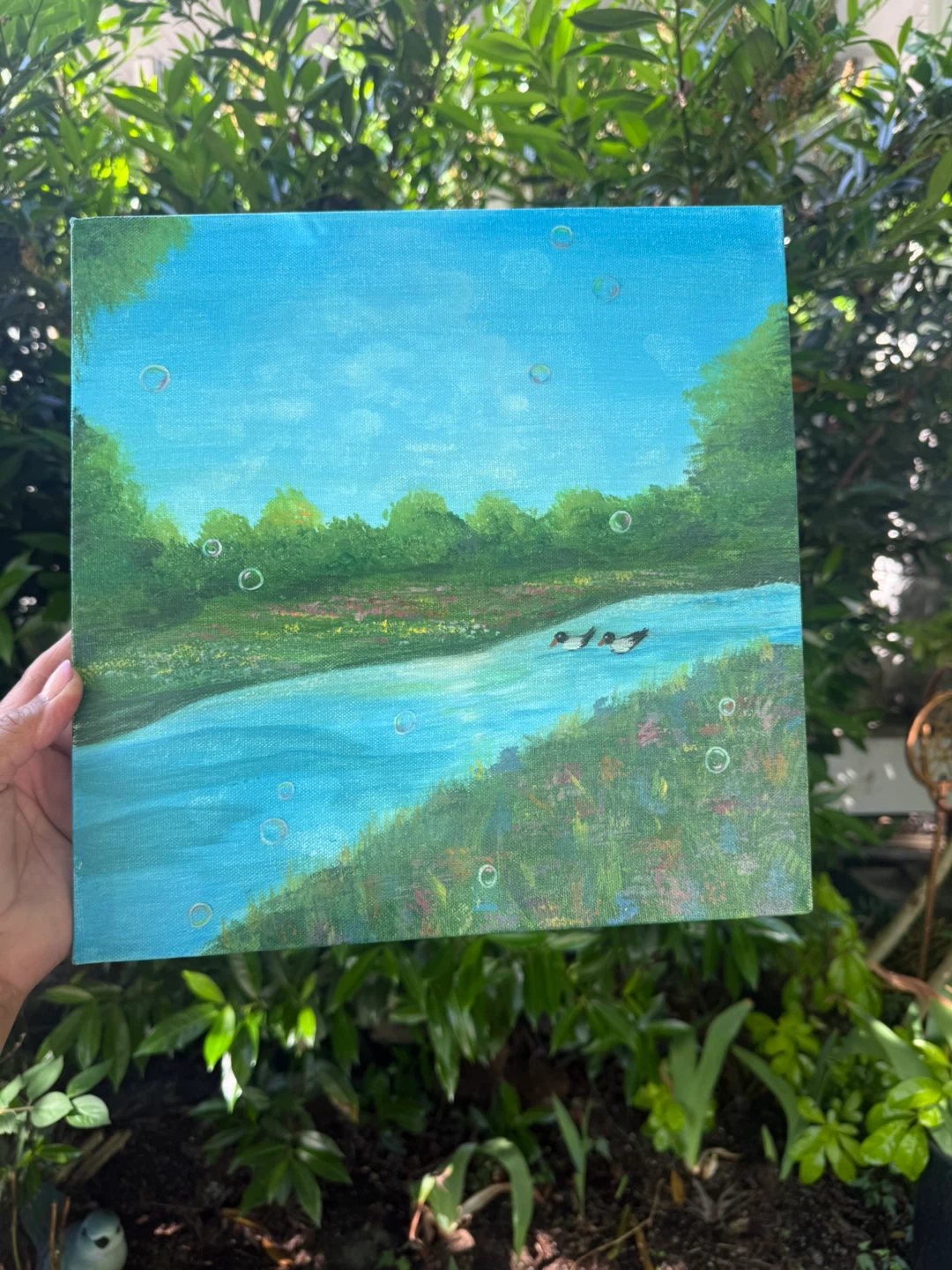 Original Acrylic Painting: Ducks in a Serene River Scene