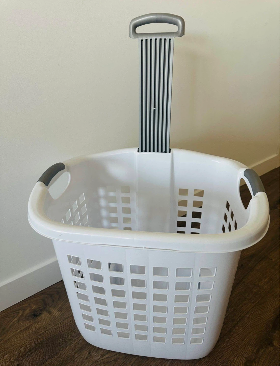 White Rolling Laundry Basket with Handle