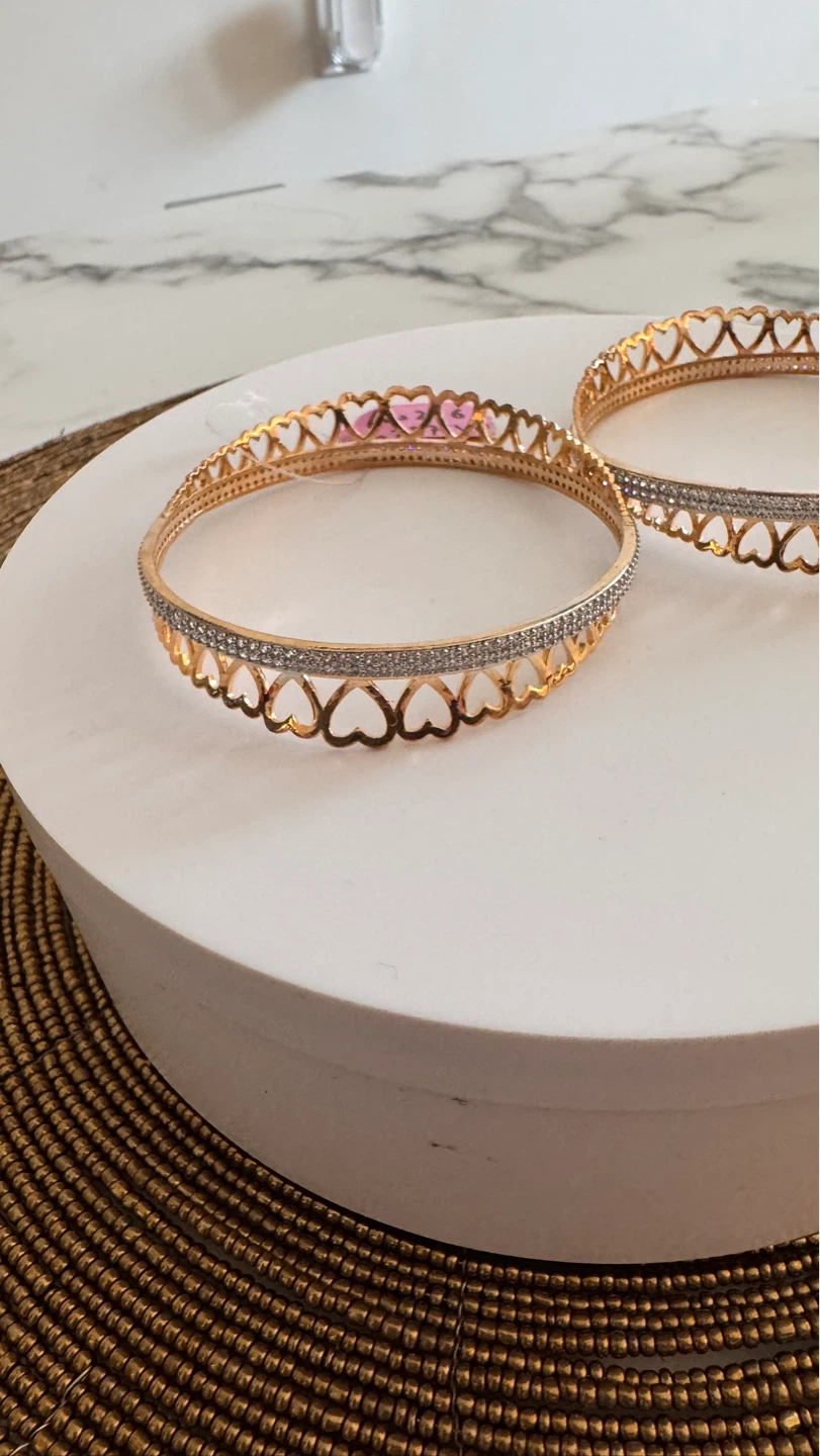 Gold Tone Bangles with Heart Design and Rhinestones